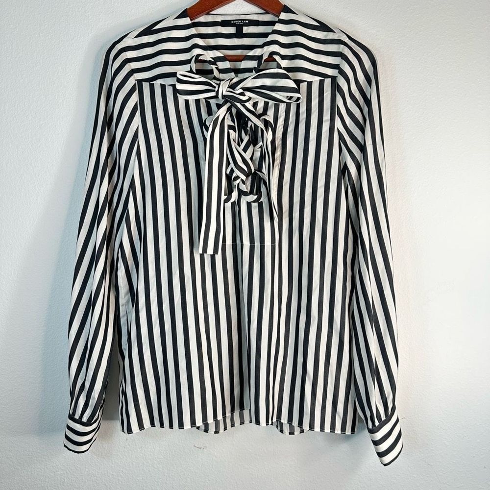 Derek Lam 100% Silk Striped Lace Up Long Sleeve Top Womens 10 Modern Career Chic